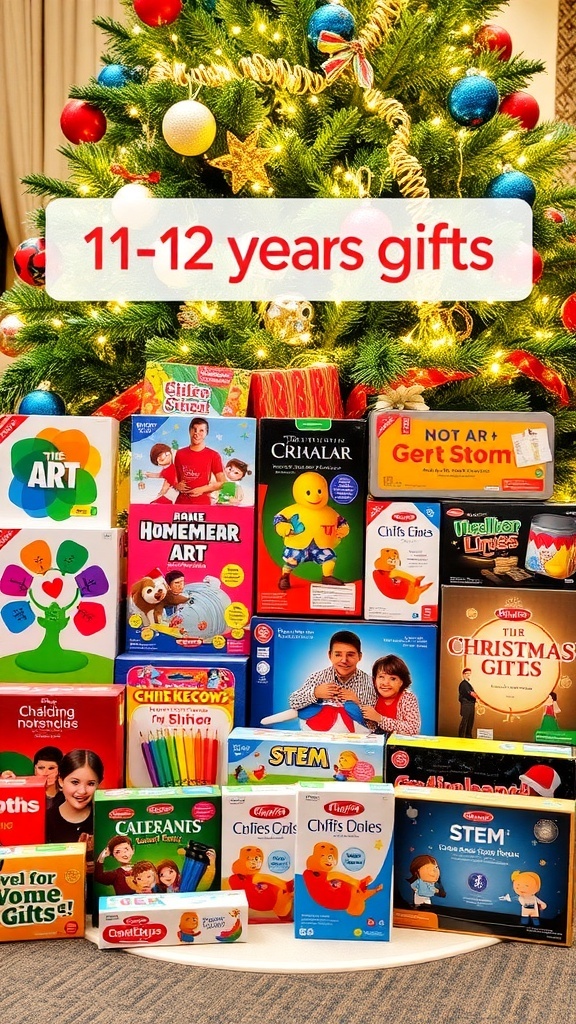 A collection of Christmas gifts for preteens, featuring art supplies, board games, and STEM kits under a Christmas tree.